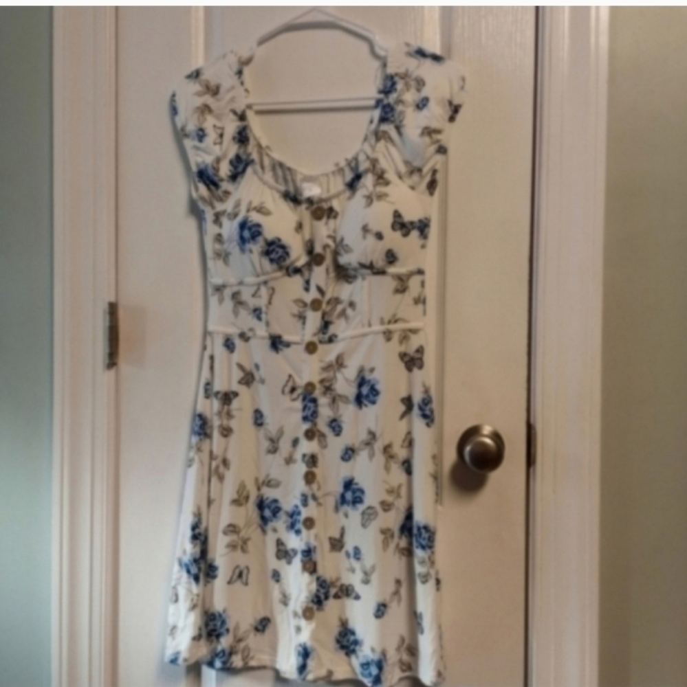 No Boundaries Floral White & Blue Mini Dress Butterfly Women's S(3-5) Romance